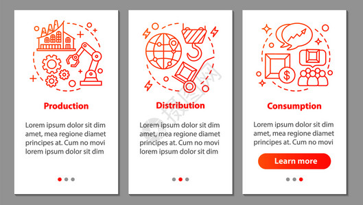 生产分销消费步骤图形说明uxig矢量模板附有插图工业部门装有线概念的移动应用程序页面屏幕图片