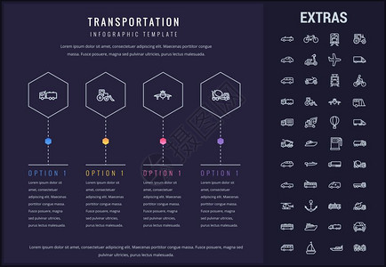 运输选项信息模板元素和图标信息表包括由运输车辆卡拖飞机行热气球建筑车辆等组成的线路图标以及运输信息模板和元素图片