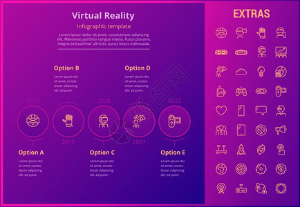 虚拟现实选项信息模板元素和图标信息表包括带有虚拟现实眼镜vr技术视频游戏控制台云计算全球网络等的线图标虚拟现实信息模板和元素图片