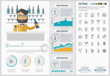 该模板包括潮男插图和一套巨大的细线图标现代最起码的平板矢量设计饮用平板设计插图模插画