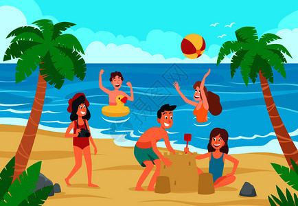 沙滩上玩乐的孩子们日光浴和游泳卡通矢量图图片