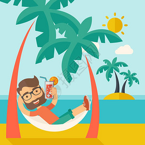 沙滩上一位年轻男士在阳光下放松和喝鸡尾酒矢量插图图片