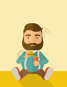 一个坐在地上吃汉堡和苏打饮料的胖子食物概念一种当代风格面糊调色盘软蜜蜂背景矢量平面设计图垂直布局上面有文字空间脂肪人一边吃坐着图片