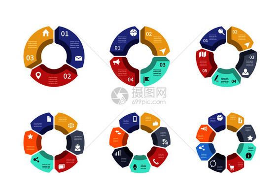 以3和45678个选项零部件步骤战略商务图表圆环信息图表流程矢量模板图片