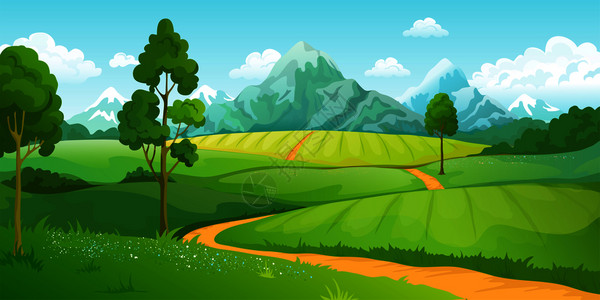 萨朗科热带山地景观卡通自然绿山景有蓝色的天空和云彩矢量农村背景插画
