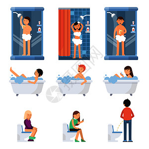 不同的人在浴室洗澡上厕所矢量背景图背景图片