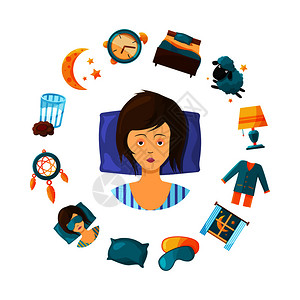 睡着枕头的女人与睡眠元素卡通图图片