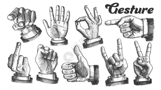 收集不同手势的矢量和平手掌拳头石角显示信号手画漫插图多男手势设定矢量图片