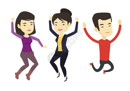 快乐年轻亚洲朋友群体跳跃矢量平板设计插图图片