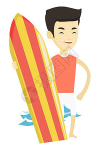 持有冲浪板在海滩上的男冲浪者矢量插图图片