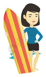 持有冲浪板在海滩上的女冲浪者矢量插图图片
