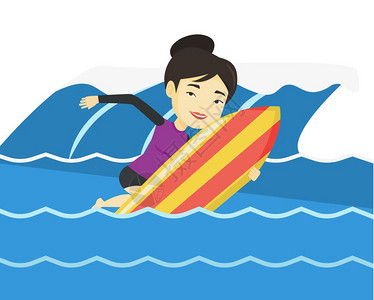 玩得开心的年轻女冲浪者矢量插图图片