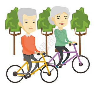 老年夫妇在公园骑自行车矢量插图图片
