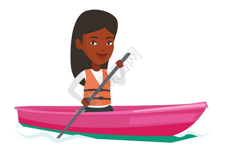 在河里划着皮艇的青年女子矢量插图图片