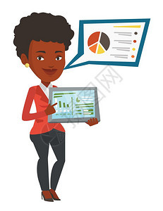 使用平板电脑进行商业汇报的非洲女性卡通矢量插画图片