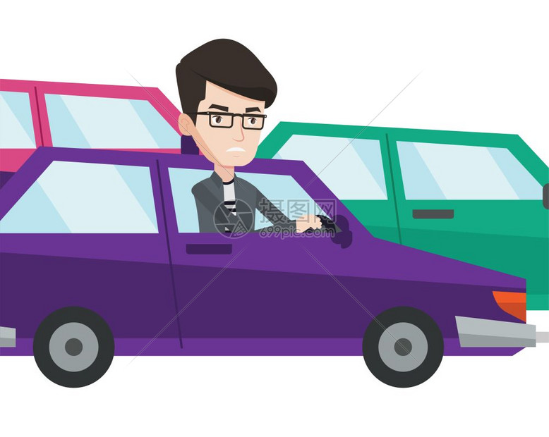 因为堵车而愤怒地汽车司机卡通矢量插画