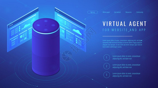 用于网站和移动应用概念的语音激活数字助理蓝色紫外线背景矢量3d说明等虚拟代理着陆页图片
