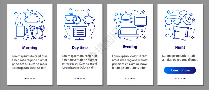 使用直线概念的移动应用程序页面屏幕上的时间段早上白天晚夜间步骤图形说明uxi带有插图的gui矢量模板使用线连接的移动应用程序页面图片