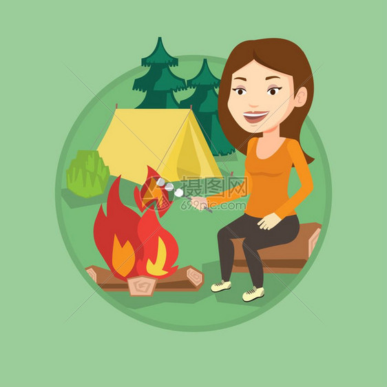 帐篷前在篝火旁吃着棉花糖的人元素插图图片