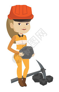 手持煤炭的年轻女矿工卡通矢量插画图片
