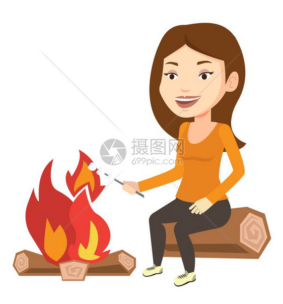 在篝火旁烤着棉花糖的人元素插图图片