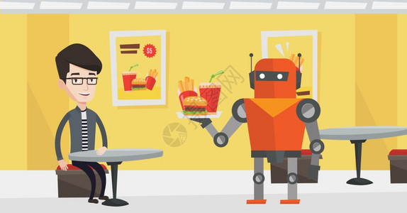 机器人服务员在快餐厅工作 背景图片