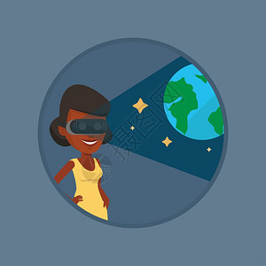 通过VR眼镜观察宇宙的非洲女孩卡通矢量插画图片