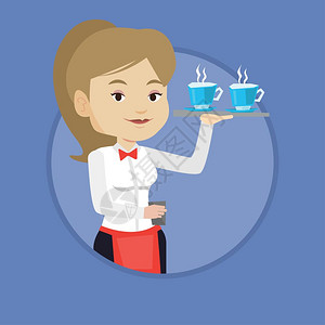 年轻女服务员拿着茶或咖啡杯卡通矢量插画图片
