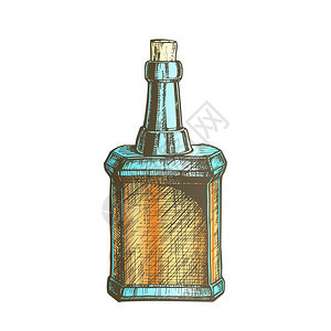 墨水绘制了草图的谷类酒精液倒影瓶概念颜色玻璃容器模板插图颜色设计为白葡萄瓶盖矢量图片