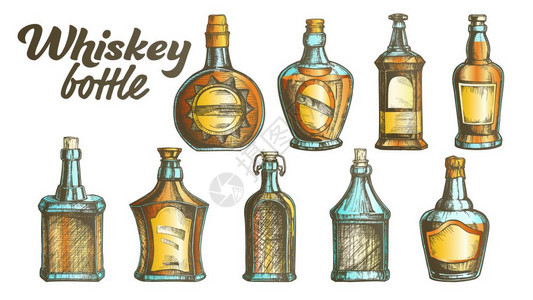 不同手画的现代和古老英国传统谷类酒精饮料瓶彩色模型设计插图颜色威士忌瓶装矢量图片