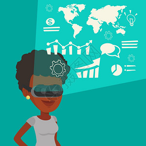 戴着VR眼镜进行数据分析的非洲女性卡通矢量插画图片