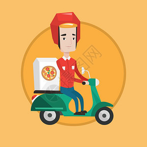 骑着小摩托车送披萨的外卖员卡通矢量插画图片