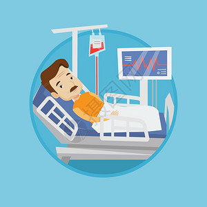 躺在医院病床上进行心脏检测输血的男人卡通矢量插画图片