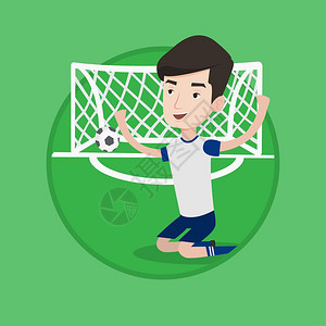 跪在球门前庆祝的年轻男足球运动员卡通矢量插画图片
