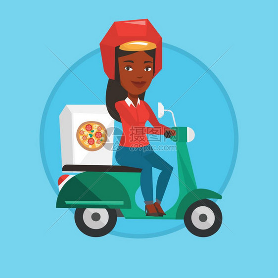 骑着摩托车送披萨的非洲女外卖员卡通矢量插画图片