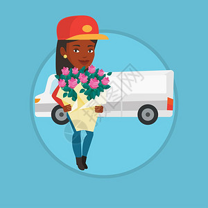 女送货员携带花束在汽车前设计图图片