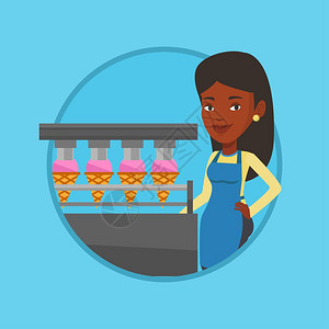 冰淇淋机器从事冰淇淋生产线工作的非洲女工人卡通矢量插画插画