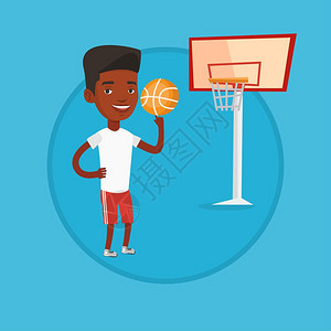 站在篮球场上用手指旋转篮球的非洲男运动员卡通矢量插画图片