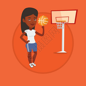 站在篮球场上用手指旋转篮球的非洲女运动员卡通矢量插画图片