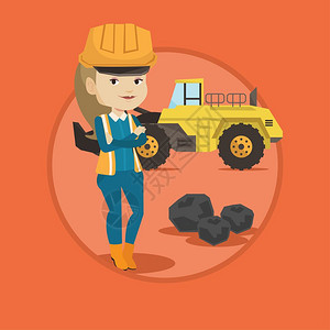站在挖土机前身穿制服的女矿工卡通矢量插画图片