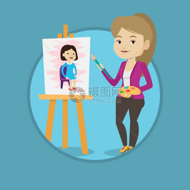 正在画肖像的年轻女画家卡通矢量插画