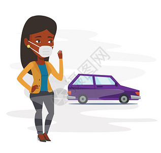 女子戴面罩以汽车减少污染矢量平板插图图片
