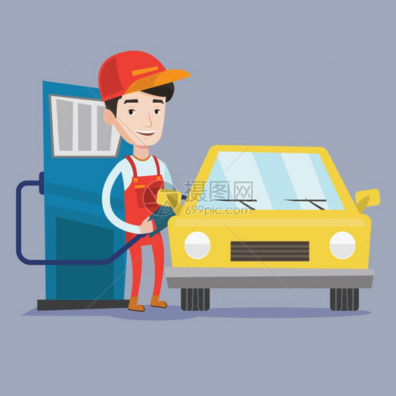 在加油站工作时微笑着的人加油站给汽车加油矢量平板设计图方形布局工人把燃料塞进汽车里图片