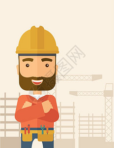 建筑工人及建筑背景插画图片