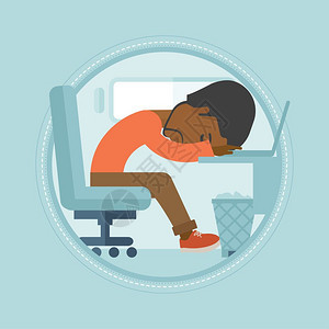 坐在办公桌前睡着的非洲男青年卡通矢量插画图片