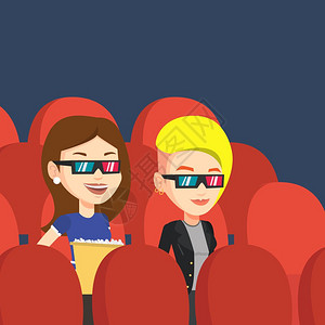 电影院求婚戴着3d眼镜看电影吃爆米花的年轻女孩卡通矢量插画插画