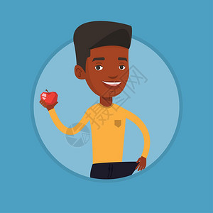 手拿苹果拉裤子减肥成功的非洲男青年卡通矢量插画图片