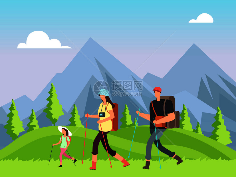 一家人夏季冒险亲子徒步登山矢量插画