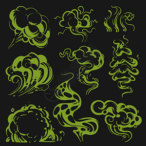 卡通恶臭的气味绿色云矢量的味道孤立说明蒸气和呼吸的卡通臭味漫画恶的气味孤立绿色云矢量气味图片