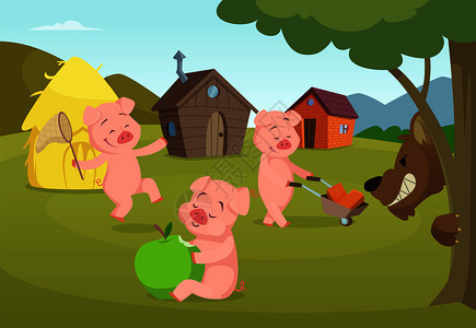 三只小猪在玩耍 狼在旁边盯着的插图图片